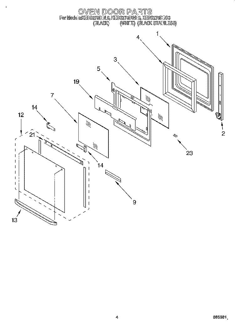OVEN DOOR Diagram and Parts List for KEBS278DBS6  KitchenAid Wall Oven