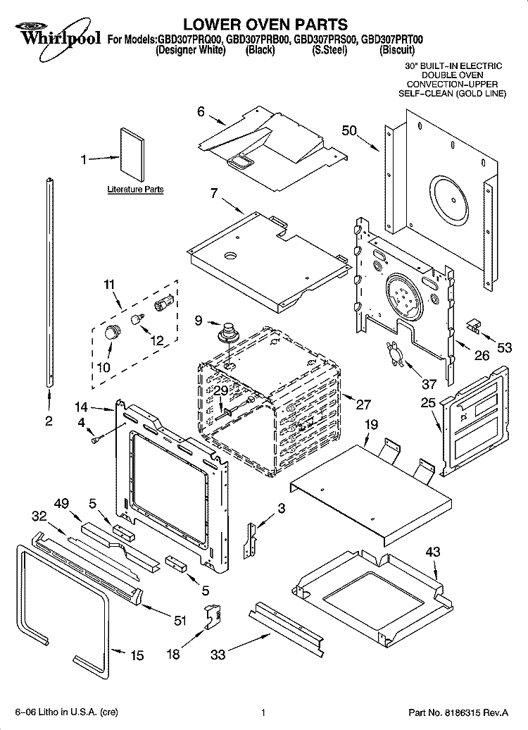 LOWER OVEN PARTS Diagram and Parts List for GBD307PRS00  Whirlpool Wall Oven