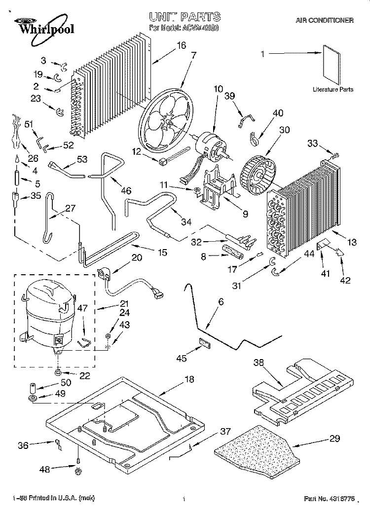 UNIT, LITERATURE Diagram and Parts List for ACV244XG0  Whirlpool Air Conditioner