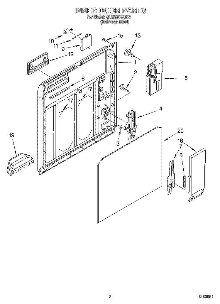 INNER DOOR Diagram and Parts List for GU980SCGS3  Whirlpool Dishwasher