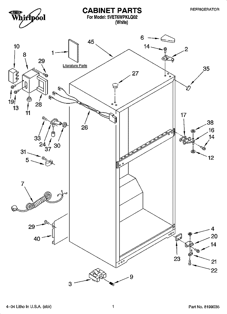 CABINET PARTS Diagram and Parts List for 5VET6WPKLQ02  Whirlpool Refrigerator