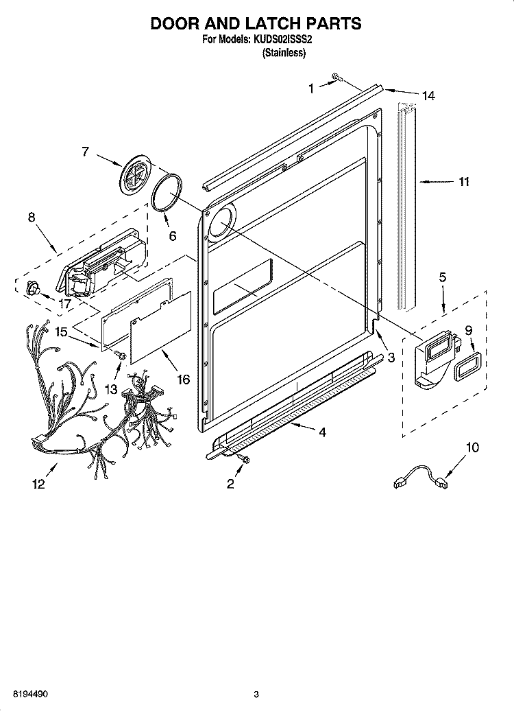 DOOR AND LATCH PARTS Diagram and Parts List for KUDS02ISSS2  KitchenAid Dishwasher