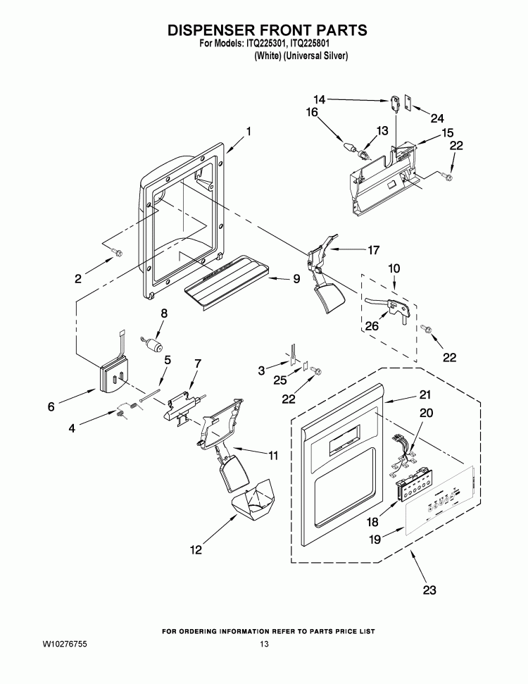 DISPENSER FRONT PARTS Diagram and Parts List for ITQ225301  Inglis Refrigerator