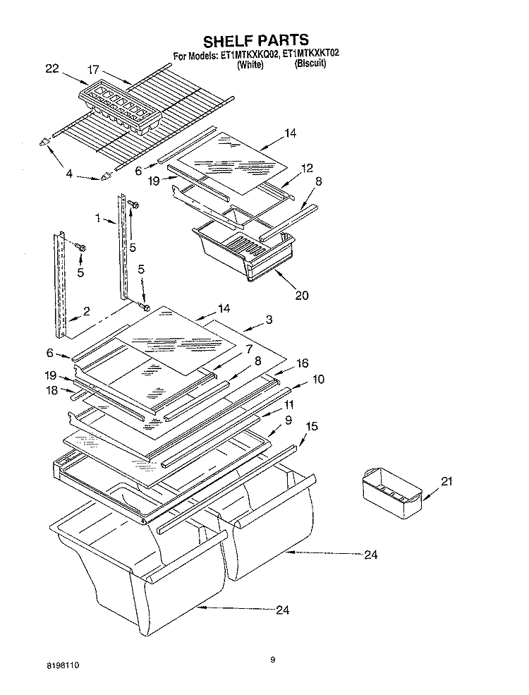 SHELF, OPTIONAL Diagram and Parts List for ET1MTKXKT02  Whirlpool Refrigerator