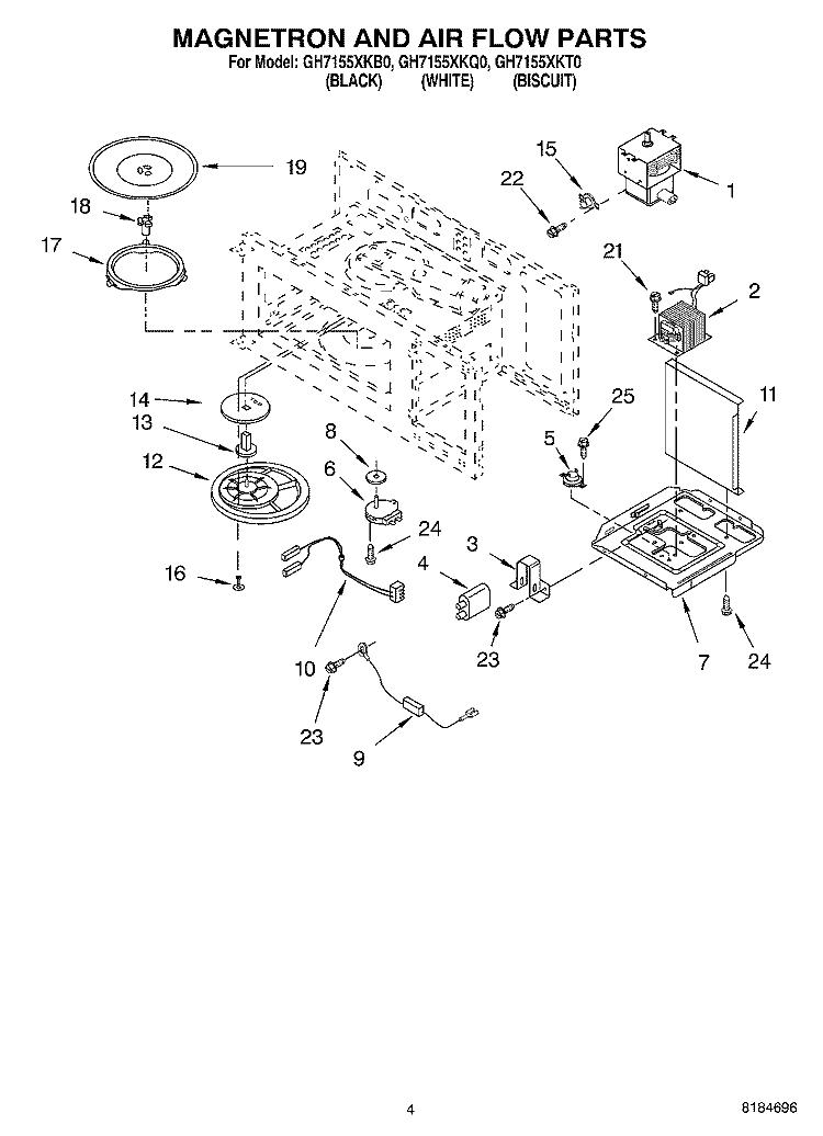 MAGNETRON AND AIR FLOW Diagram and Parts List for GH7155XKB0  Whirlpool Microwave