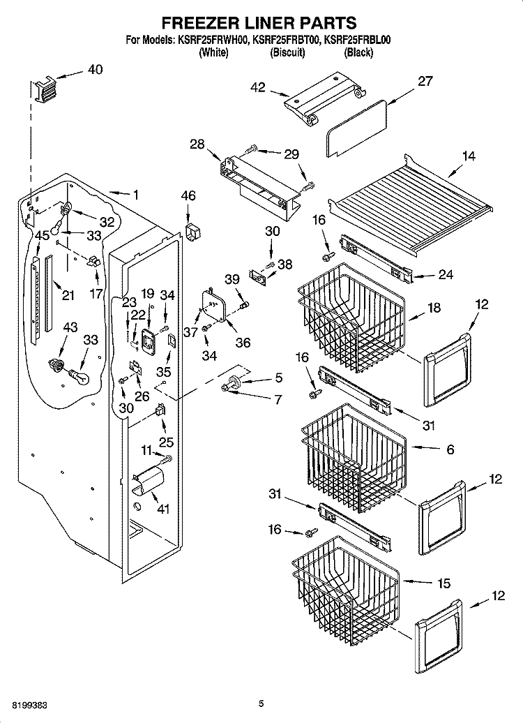 FREEZER LINER PARTS Diagram and Parts List for KSRF25FRBL00  Whirlpool Refrigerator