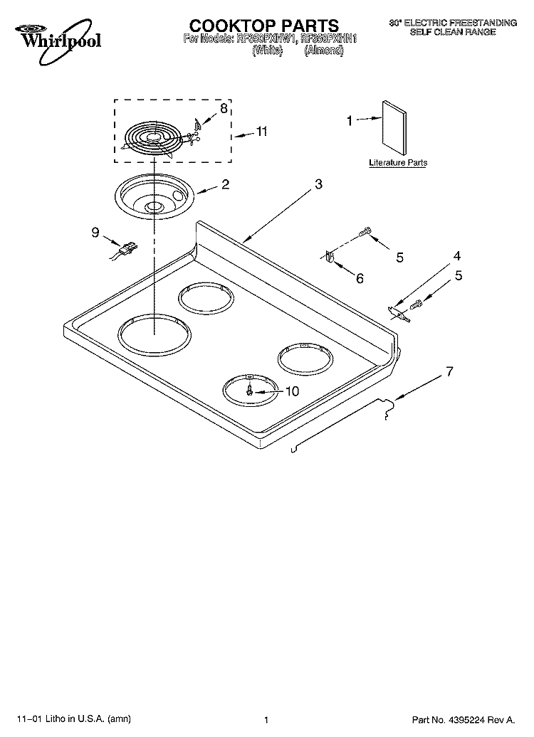 COOKTOP, LITERATURE Diagram and Parts List for RF350PXHW1  Whirlpool Range