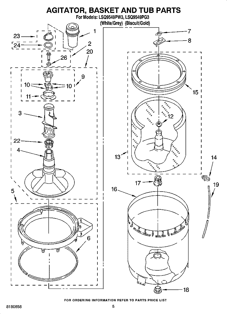 AGITATOR, BASKET AND TUB PARTS Diagram and Parts List for LSQ9549PW3  Whirlpool Washer