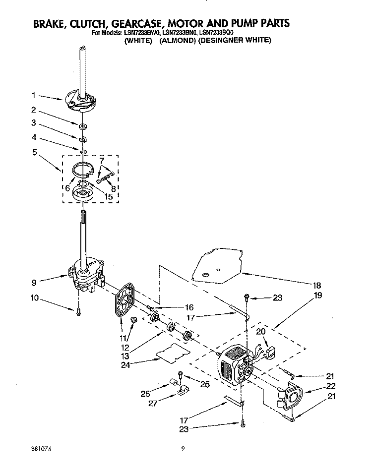 BRAKE, CLUTCH, GEARCASE, MOTOR AND PUMP Diagram and Parts List for LSN7233BN0  Whirlpool Washer
