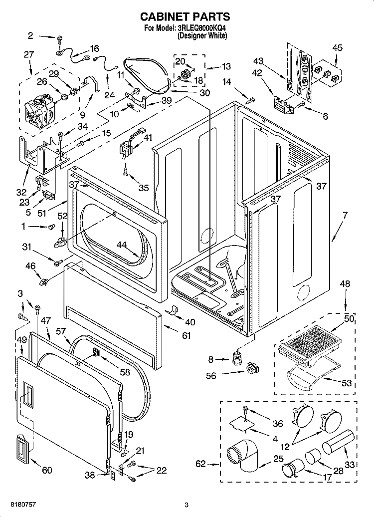 CABINET PARTS Diagram and Parts List for 3RLEQ8000KQ4  Whirlpool Dryer
