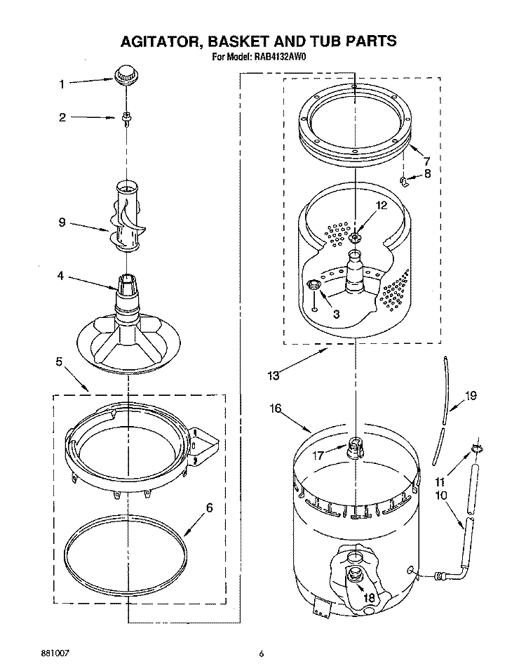 AGITATOR, BASKET AND TUB Diagram and Parts List for RAB4132AW0  Roper Washer