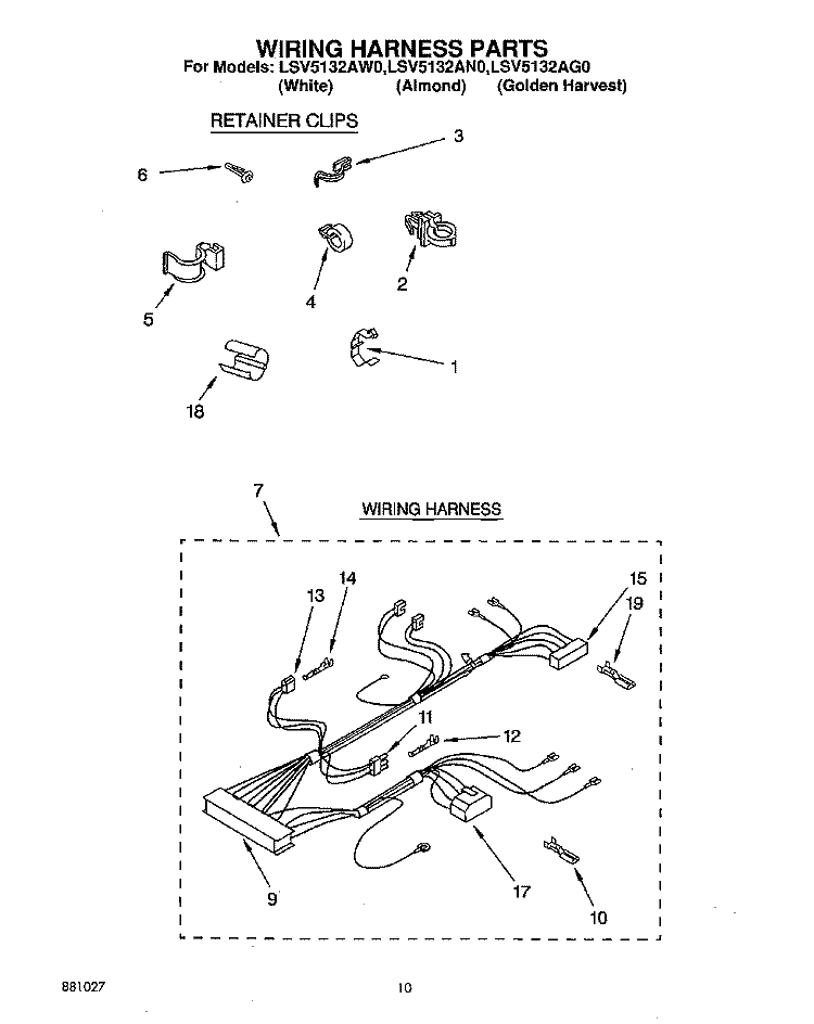 WIRING HARNESS Diagram and Parts List for LSV5132AN0  Whirlpool Washer