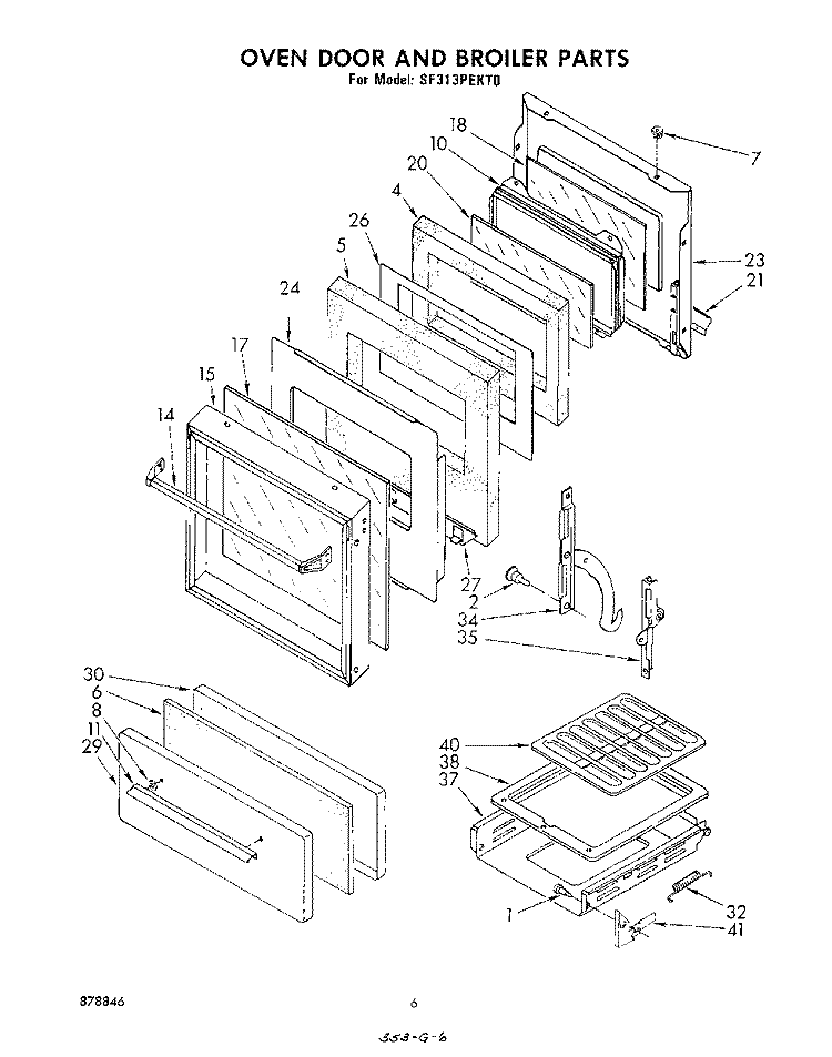 OVEN DOOR AND BROILER Diagram and Parts List for SF313PEKT0  Whirlpool Range