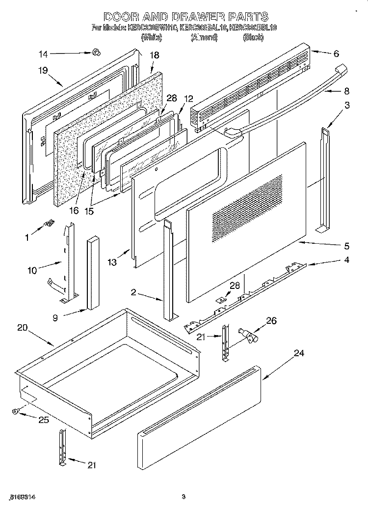 DOOR AND DRAWER Diagram and Parts List for KESC300BAL10  KitchenAid Range