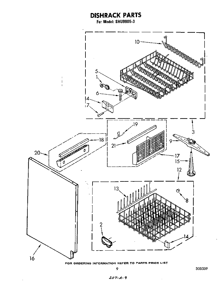 DISHRACK Diagram and Parts List for SHU99053  Whirlpool Dishwasher