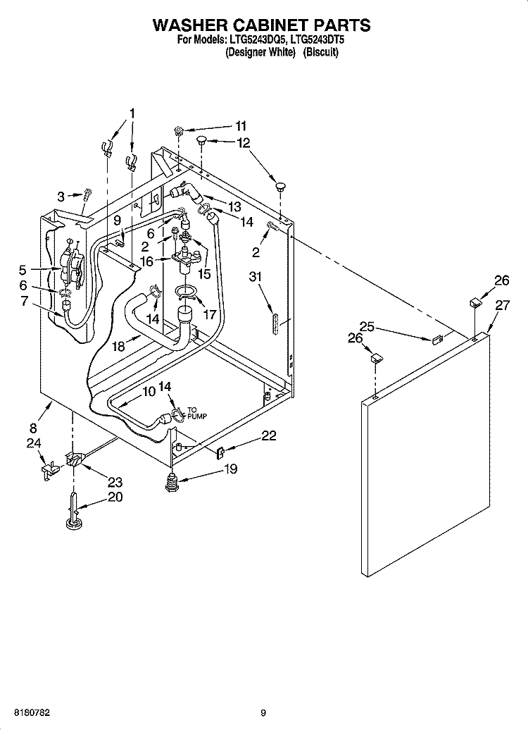 WASHER CABINET PARTS Diagram and Parts List for LTG5243DT5  Whirlpool Washer Dryer Combo