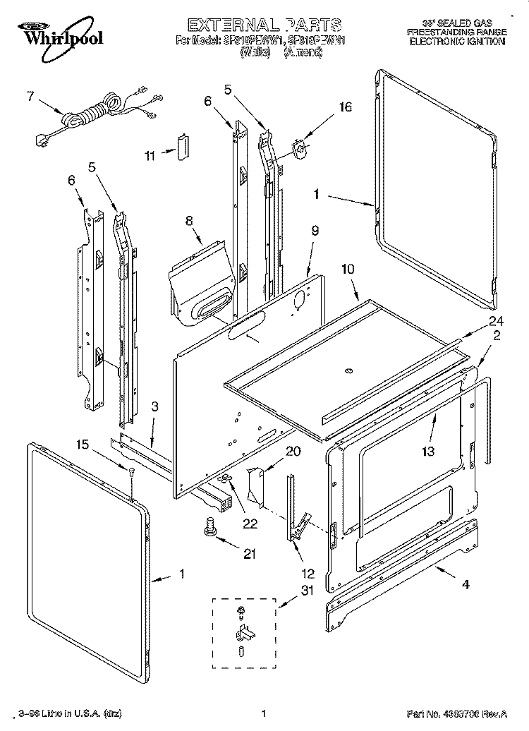 EXTERNAL Diagram and Parts List for SF318PEWW1  Whirlpool Range
