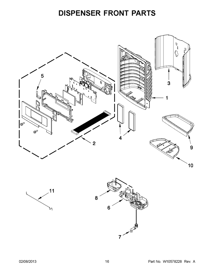DISPENSER FRONT PARTS Diagram and Parts List for 5GI6FARAF001  Whirlpool Refrigerator
