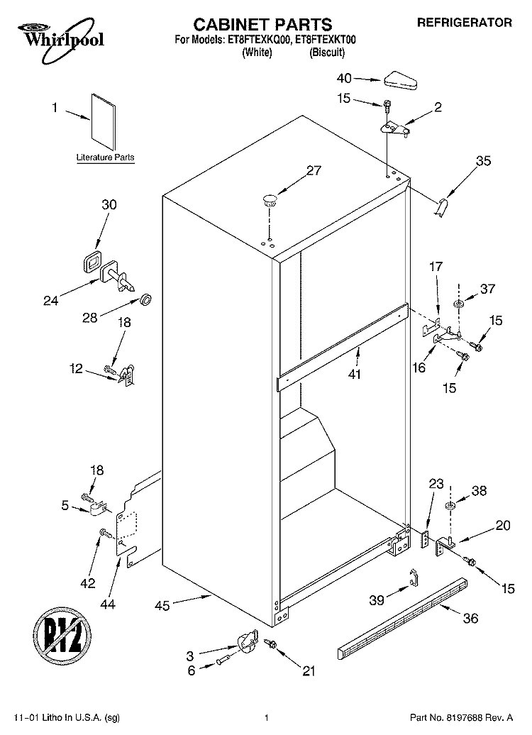 CABINET, LITERATURE Diagram and Parts List for ET8FTEXKQ00  Whirlpool Refrigerator