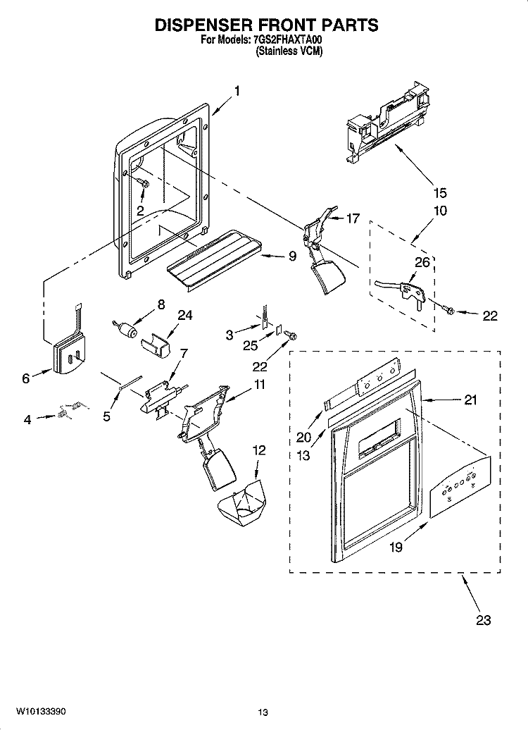 DISPENSER FRONT PARTS Diagram and Parts List for 7GS2FHAXTA00  Whirlpool Refrigerator