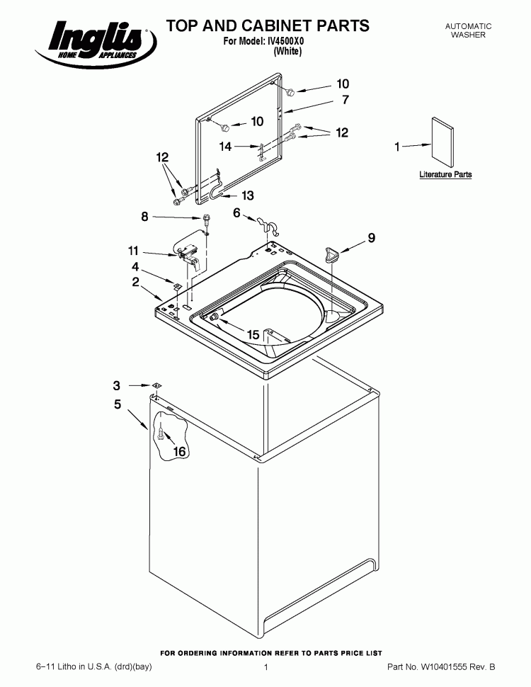 TOP AND CABINET PARTS Diagram and Parts List for IV4500X0  Inglis Washer