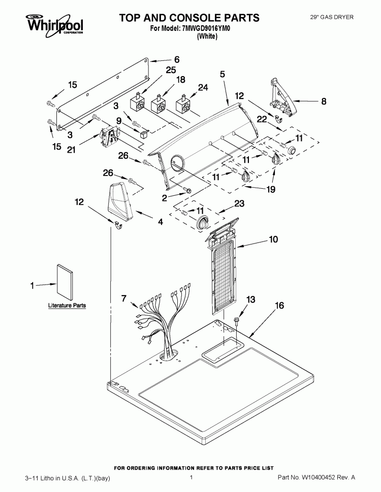 TOP AND CONSOLE PARTS Diagram and Parts List for 7MWGD9016YM0  Whirlpool Dryer