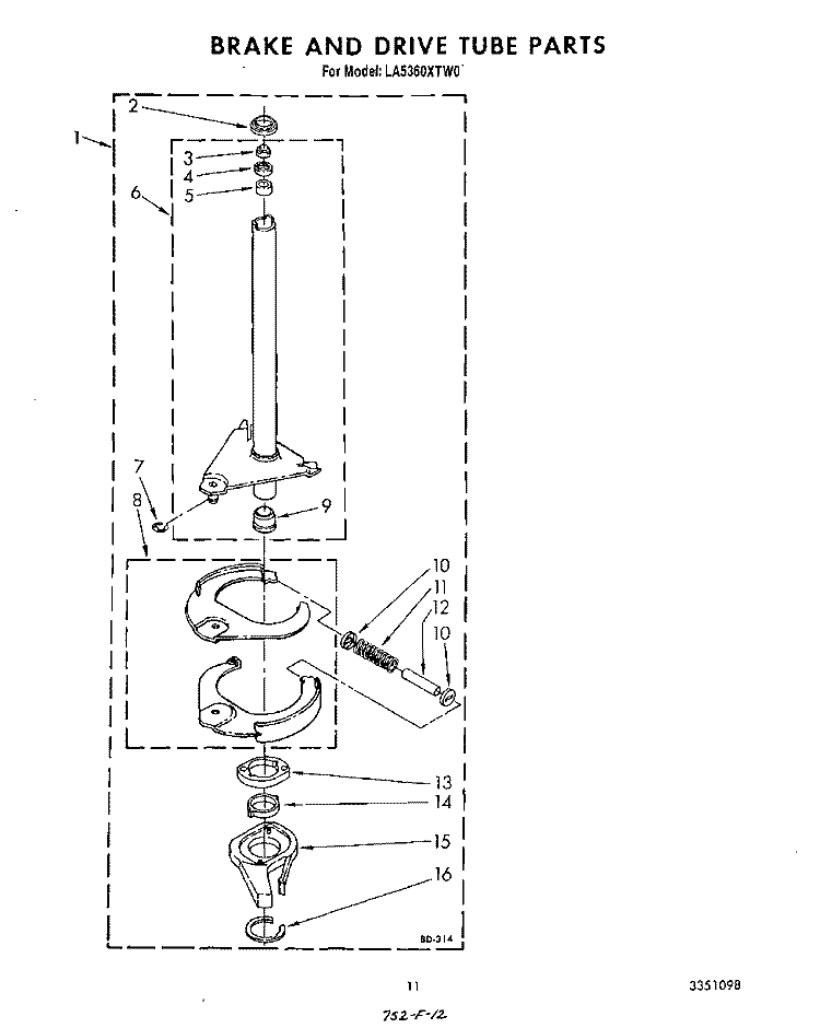 BRAKE AND DRIVE TUBE Diagram and Parts List for LA5360XTG0  Whirlpool Washer