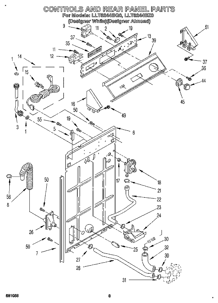CONTROLS AND REAR PANEL Diagram and Parts List for LLT8244BZ0  Whirlpool Washer