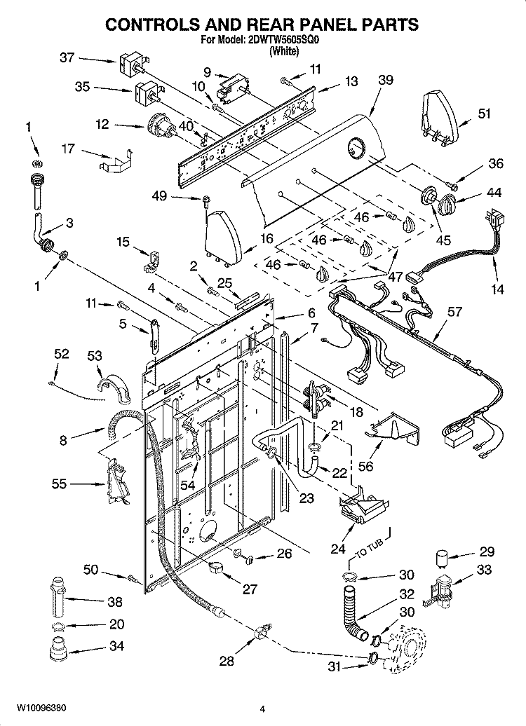 CONTROLS AND REAR PANEL PARTS Diagram and Parts List for 2DWTW5605SQ0  Whirlpool Washer