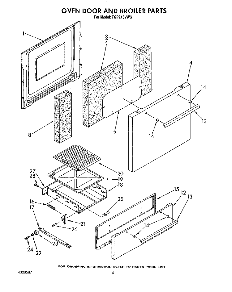 OVEN DOOR AND BROILER Diagram and Parts List for FGP215VW3  Roper Range