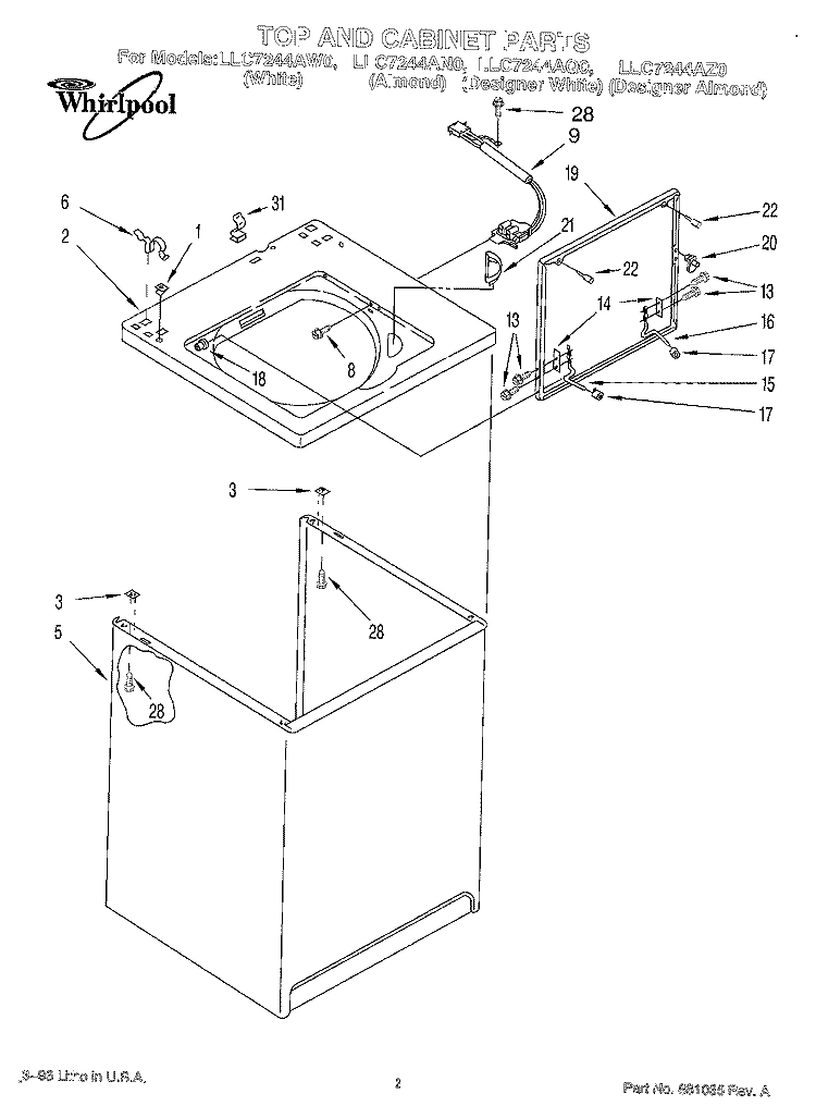 TOP AND CABINET, LIT/OPTIONAL Diagram and Parts List for LLC7244AN0  Whirlpool Washer