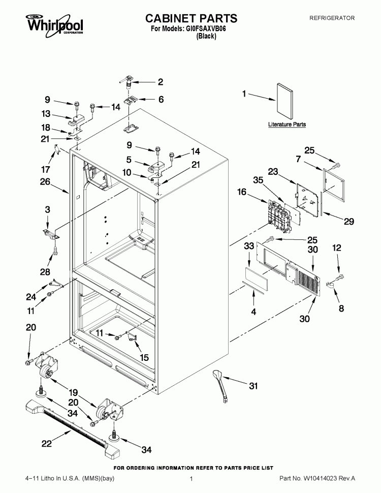 CABINET PARTS Diagram and Parts List for GI0FSAXVB06  Whirlpool Refrigerator