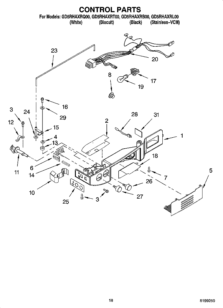CONTROL PARTS Diagram and Parts List for GD5RHAXRT00  Whirlpool Refrigerator