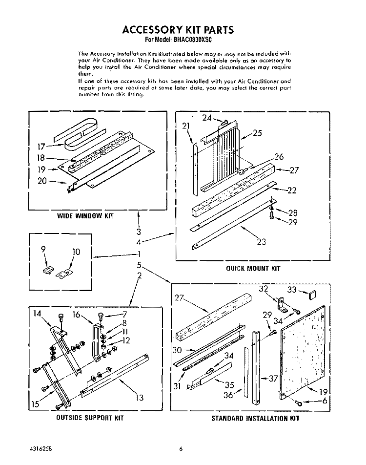 ACCESSORY KIT Diagram and Parts List for BHAC0830XS0  Whirlpool Air Conditioner