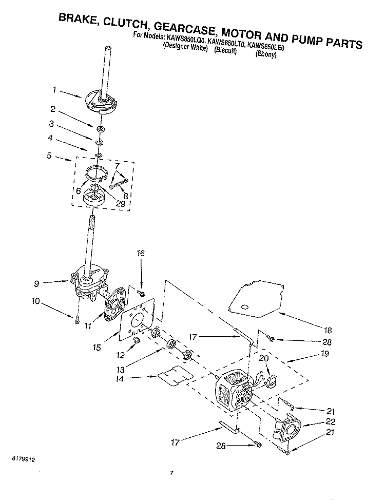 BRAKE, CLUTCH, GEARCASE, MOTOR AND PUMP Diagram and Parts List for KAWS850LE0  KitchenAid Washer