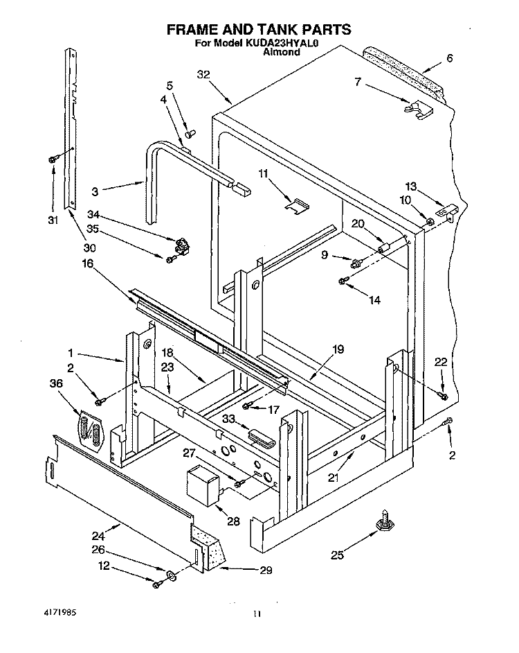 FRAME AND TANK Diagram and Parts List for KUDA23HYAL0  KitchenAid Dishwasher