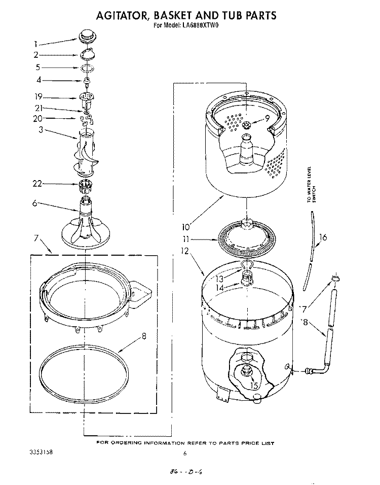 AGITATOR, BASKET AND TUB Diagram and Parts List for LA6888XTF0  Whirlpool Washer
