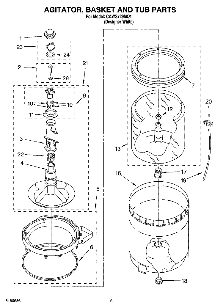 AGITATOR, BASKET AND TUB PARTS Diagram and Parts List for CAWS729MQ1  Crosley Washer