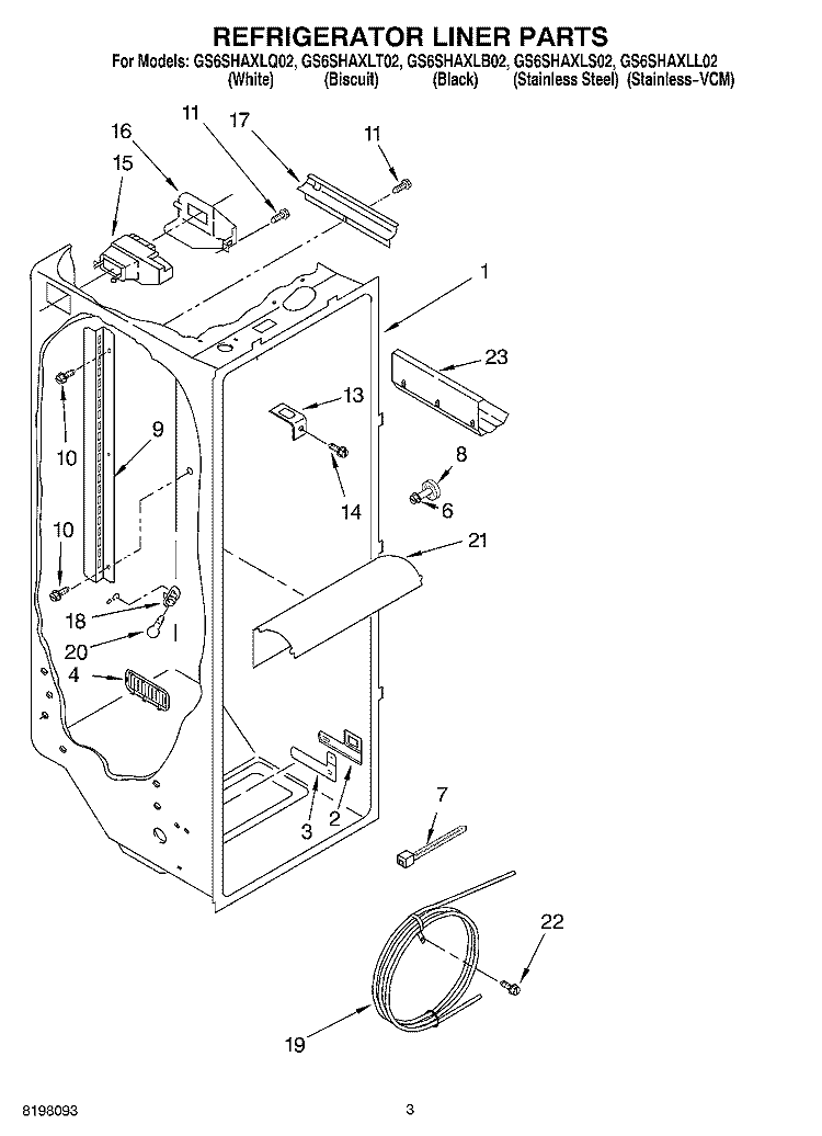 REFRIGERATOR LINER Diagram and Parts List for GS6SHAXLT02  Whirlpool Refrigerator