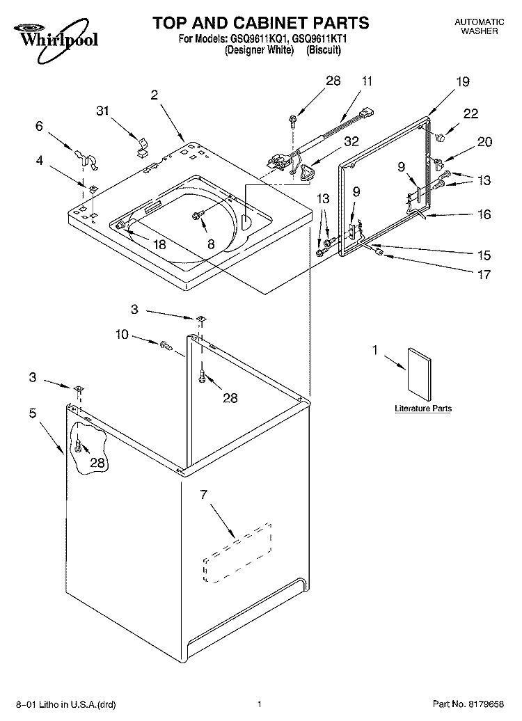 TOP AND CABINET, LITERATURE Diagram and Parts List for GSQ9611KQ1  Whirlpool Washer