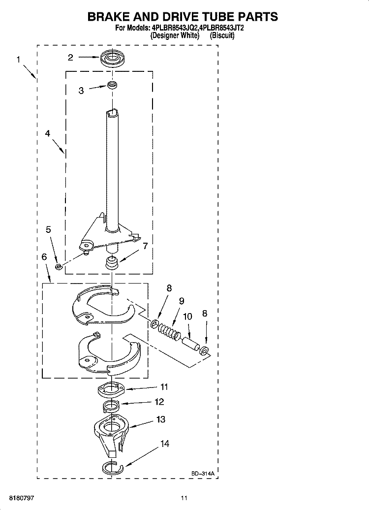 BRAKE AND DRIVE TUBE PARTS Diagram and Parts List for 4PLBR8543JT2  Whirlpool Washer