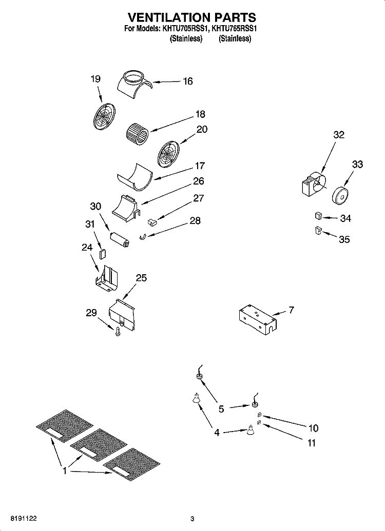 VENTILATION PARTS Diagram and Parts List for KHTU705RSS1  KitchenAid Range Hood