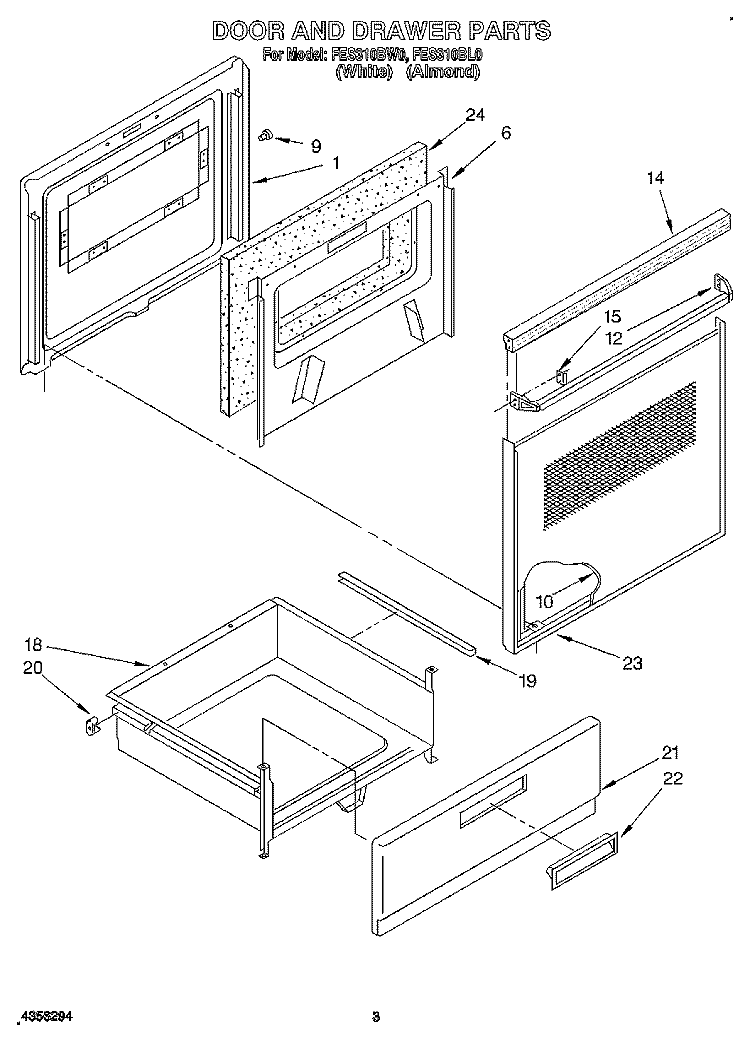 DOOR AND DRAWER Diagram and Parts List for FES310BL0  Roper Range
