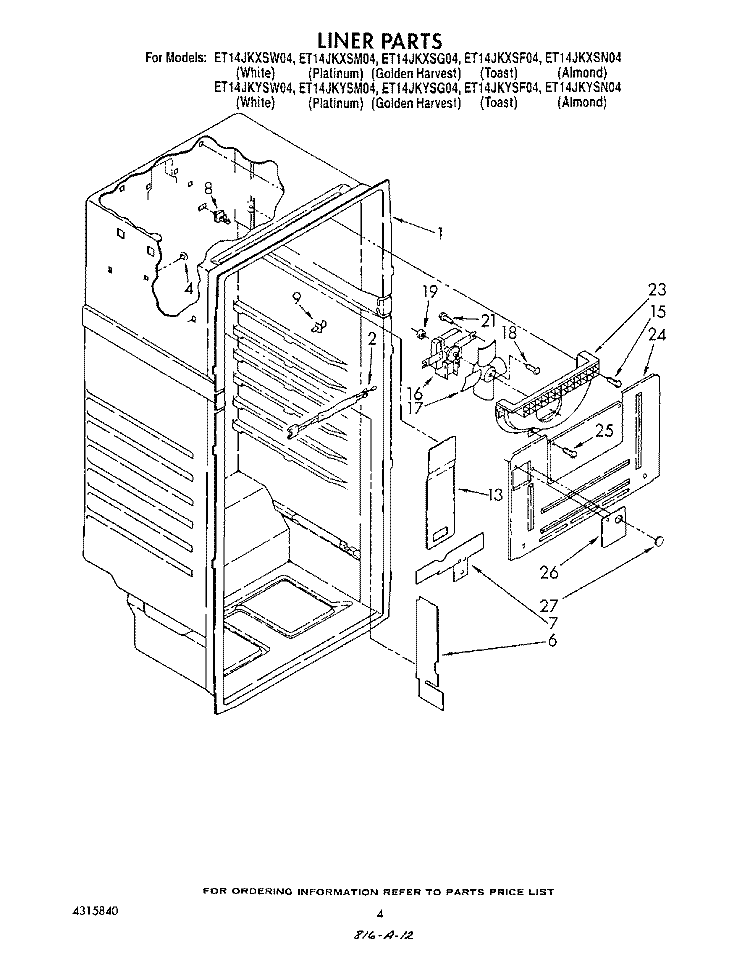 LINER Diagram and Parts List for ET14JKXSW04  Whirlpool Refrigerator
