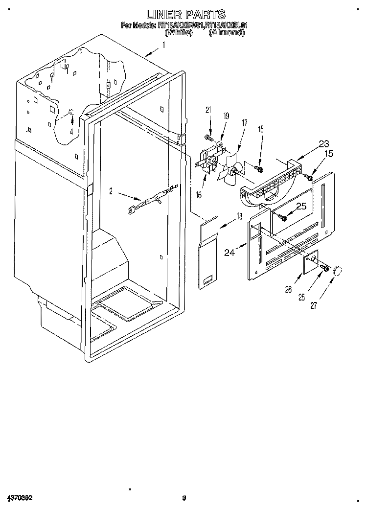 LINER Diagram and Parts List for RT18AKXBW01  Roper Refrigerator