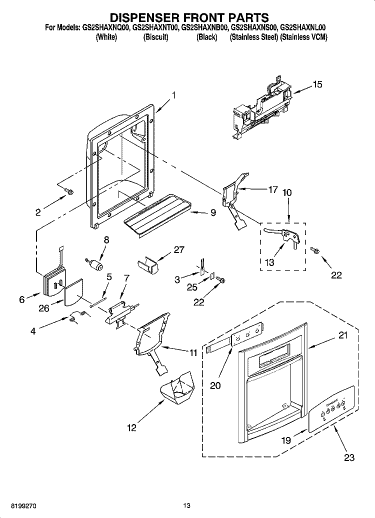 DISPENSER FRONT PARTS Diagram and Parts List for GS2SHAXNL01  Whirlpool Refrigerator