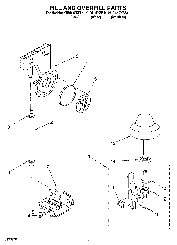 FILL AND OVERFILL PARTS Diagram and Parts List for KUDI01FKWH1  KitchenAid Dishwasher