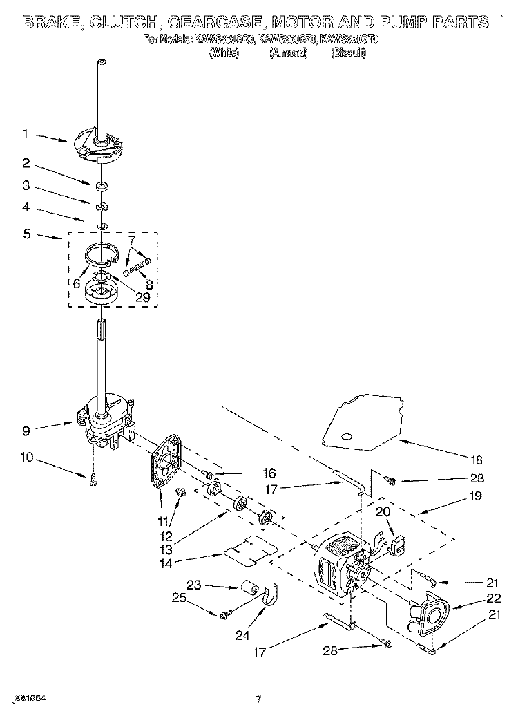 BRAKE, CLUTCH, GEARCASE, MOTOR AND PUMP Diagram and Parts List for KAWS850GT0  KitchenAid Washer