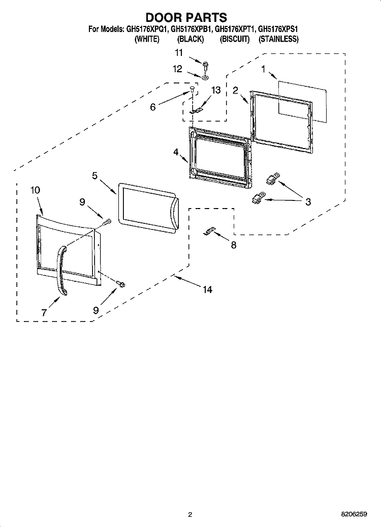 DOOR PARTS Diagram and Parts List for GH5176XPT1  Whirlpool Microwave