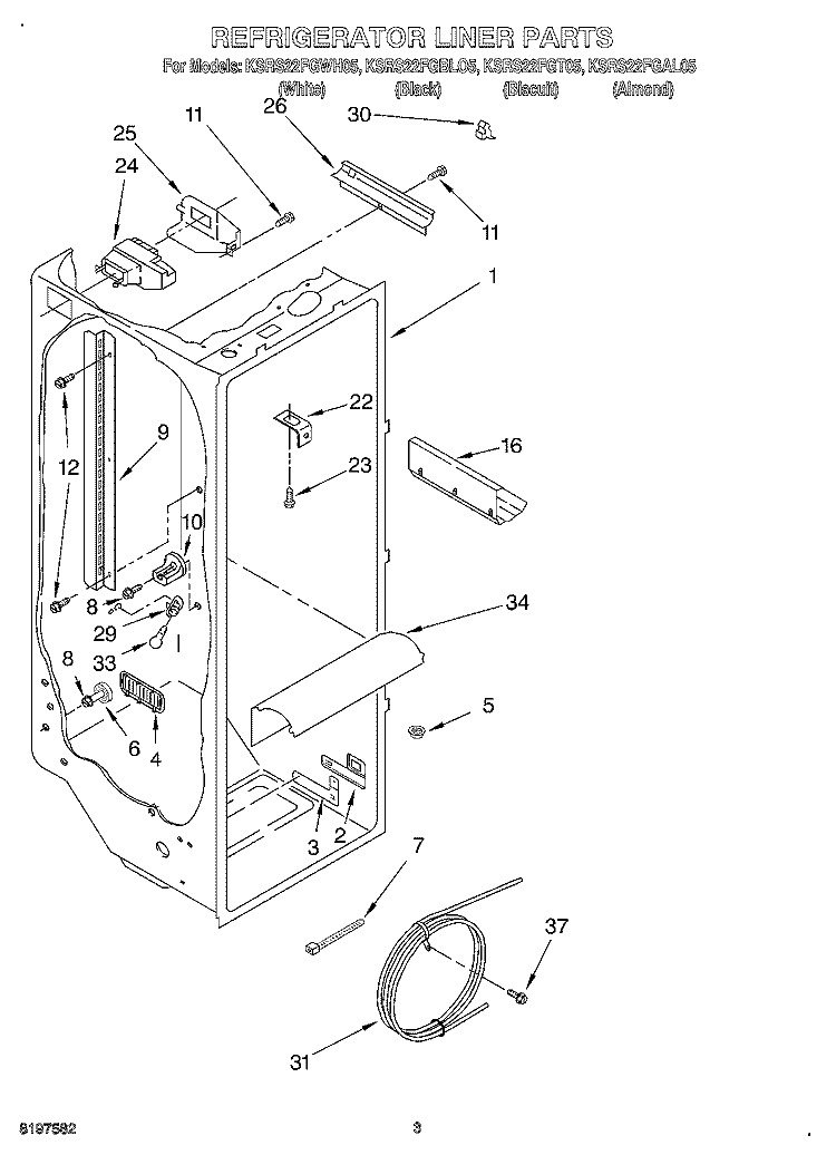 REFRIGERATOR LINER Diagram and Parts List for KSRS22FGBL05  KitchenAid Refrigerator